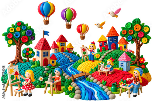 Colorful hot air balloons flying over a festive village