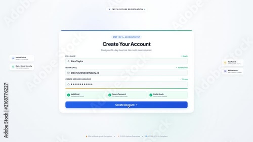 Digital user registration interface screen featuring account setup form fields with interactive validation elements for modern web design software demonstration