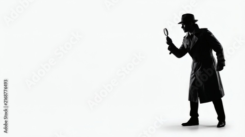 Silhouette of detective with magnifying glass on white background