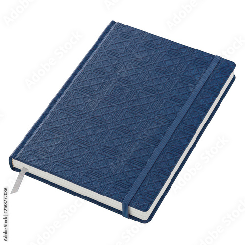 Elegant navy blue hardbound journal featuring embossed geometric patterns elastic closure band and ribbon bookmark