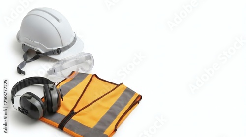 Safety equipment including helmet, goggles, and vest on white background