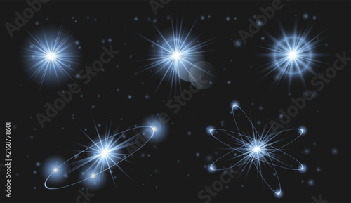 Set of glowing blue light bursts, atomic energy effects and luminous particles on dark background.