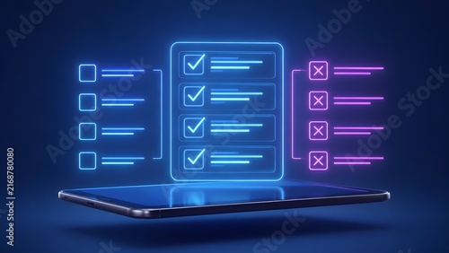 Floating Holographic Task Verification Checklist Interface Over Tablet Screen