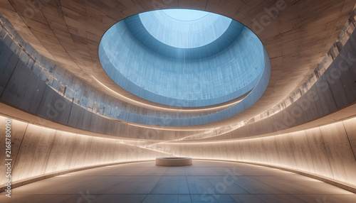 Modern architectural interior with spiral ramp and circular skylight in concrete building.