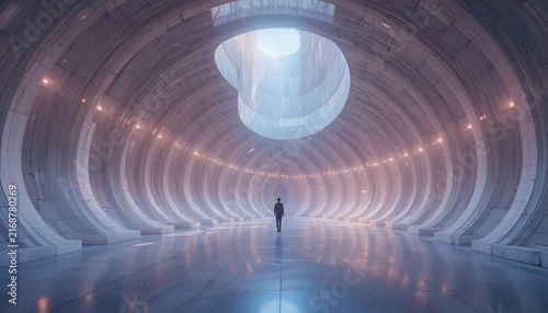 Lone person standing in a vast futuristic tunnel with overhead light and circular architecture