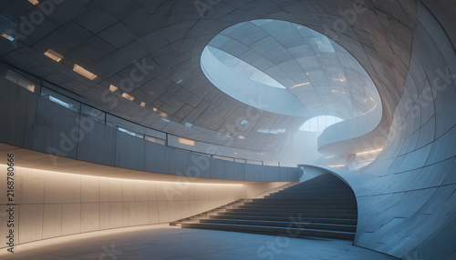 Modern futuristic architecture with curved concrete walls and grand staircase interior design