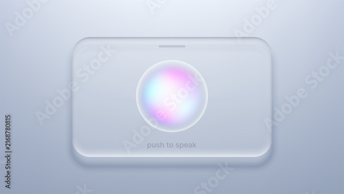 Glass push to speak button with glowing ai orb. Futuristic voice assistant interface for chat bot communication. Digital virtual helper technology and smart interaction concept