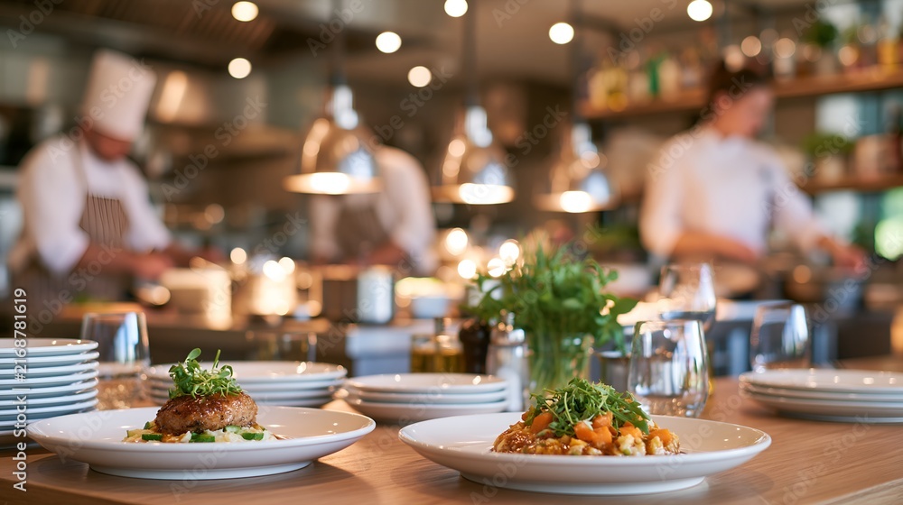 Fototapeta premium Busy restaurant kitchen with chefs preparing food.