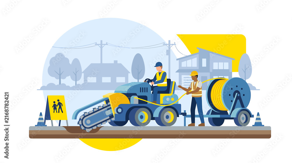 Naklejka premium Trenching Machine Installing Fiber Optic Cable for Residential Utility