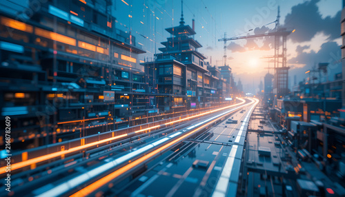 Futuristic city street with light trails and sunset skyline at dusk