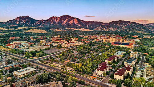 Drone view of the University of Colorado Boulder and the Flatirons