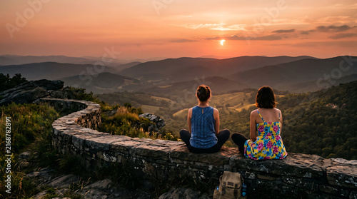 Cinematic mountain sunset with two women, friends sitting on stone wall overlooking valley, peaceful golden hour landscape