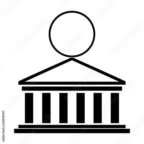 Classic architectural illustration of a neoclassical building with a pediment and circular window symbolizing institutional design.