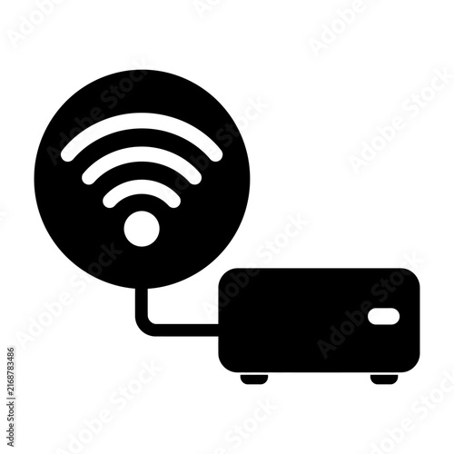 Black and white icon of a wireless router connected to a modem device for technology documentation.
