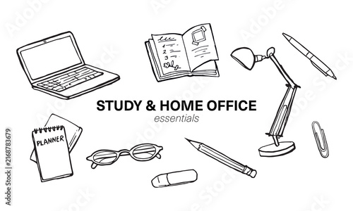 Hand-drawn study and home office essentials set: laptop, planner, lamp, glasses, pencil, notebook, bold outline doodle style. Ideal for back to school and productivity content.
