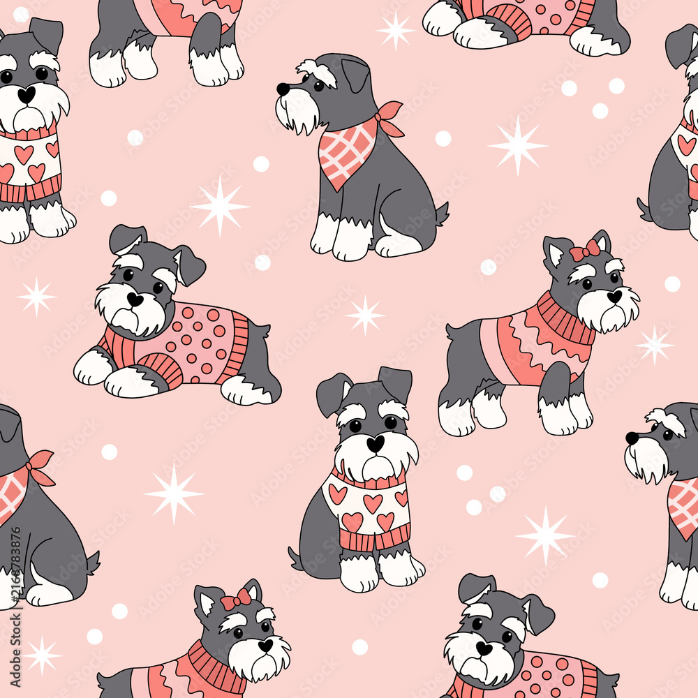 Obraz premium Pink Miniature Schnauzer Dogs in Heart Sweaters Seamless Pattern