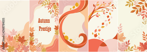 Vector autumn background templates with falling leaves and abstract warm shapes for social media stories