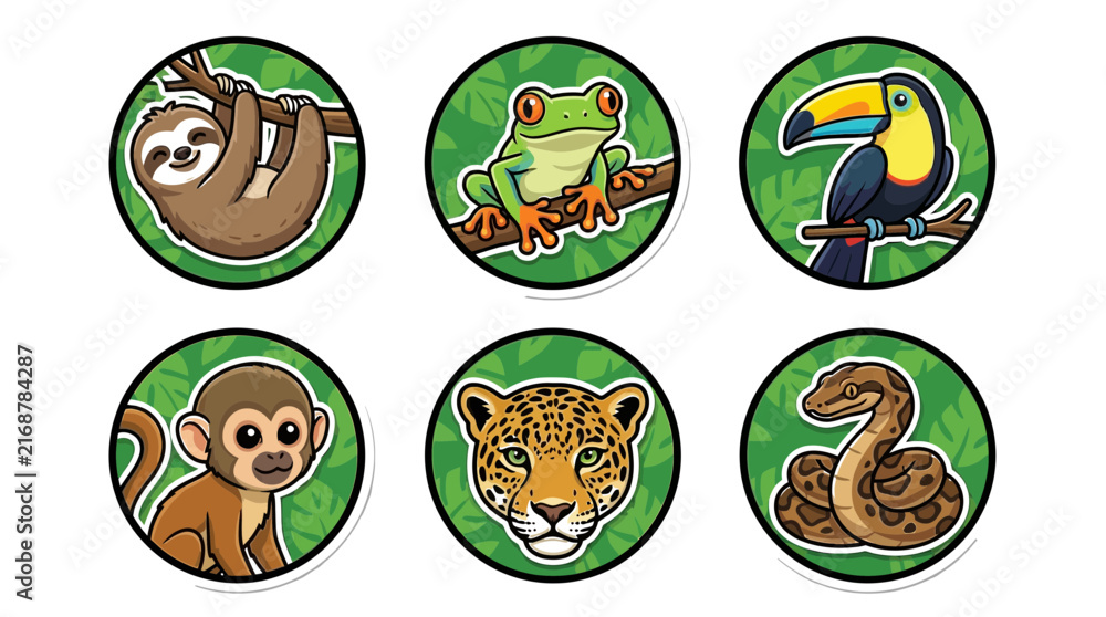 Naklejka premium Collection of cartoon jungle animal stickers featuring sloth frog toucan monkey jaguar and snake