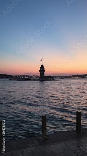 Vertical video of Maiden's Tower overlooking the Bosphorus in Üsküdar, Istanbul, Turkey, ideal for travel, tourism, Istanbul cityscape, historic landmarks, and destination content. Kız Kulesi view