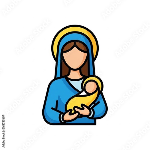 Virgin mary holding infant in minimalist flat art style