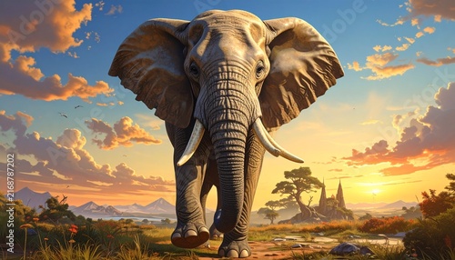 Majestic Elephant Stroll at Sunset - A Digital Painting of Wildlife.