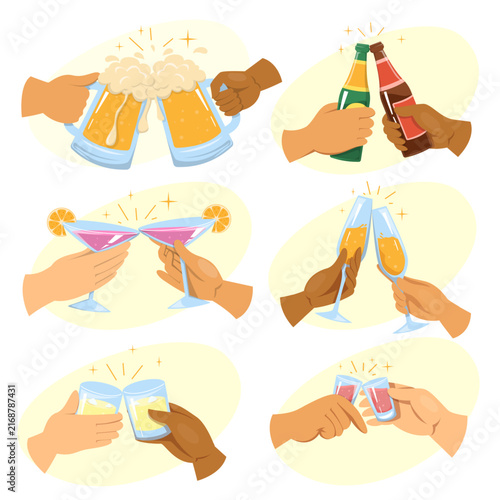Drink toast set vector isolated. Cheers with alcohol drinks, delicious beverage in glass. Idea of party and celebration. Hands holding cocktails.