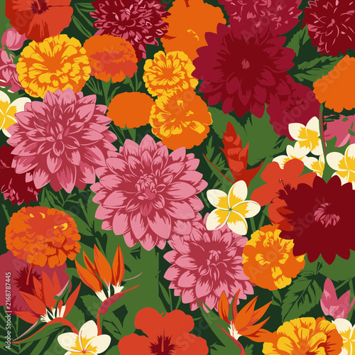 Vibrant floral pattern with various blossoms in a tropical setting. Detailed illustration of flowers in a variety of colors and shapes with green foliage.