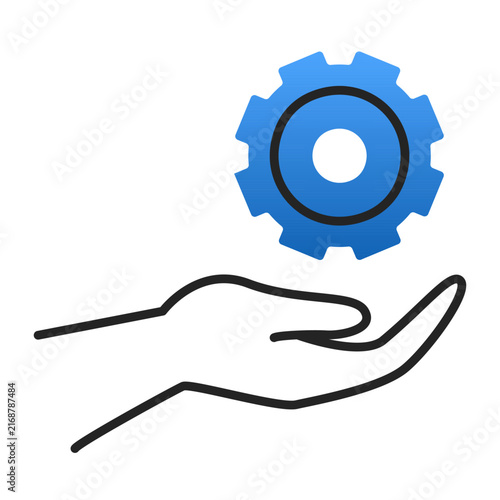 Hand holding gear line icon vector isolated. Symbol of technical support, problem and solution. Help center, client service.