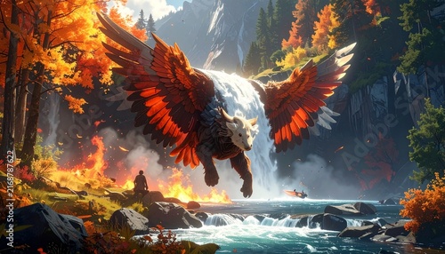 Majestic Griffin Soaring Above Autumnal Waterfall Landscape, Fantasy Art.