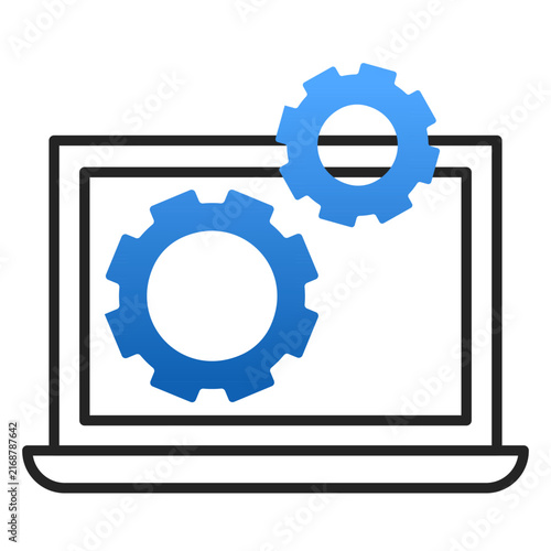 Gear on laptop screen line icon vector isolated. Simple symbol of technology, computer configuration. Idea of customer support.