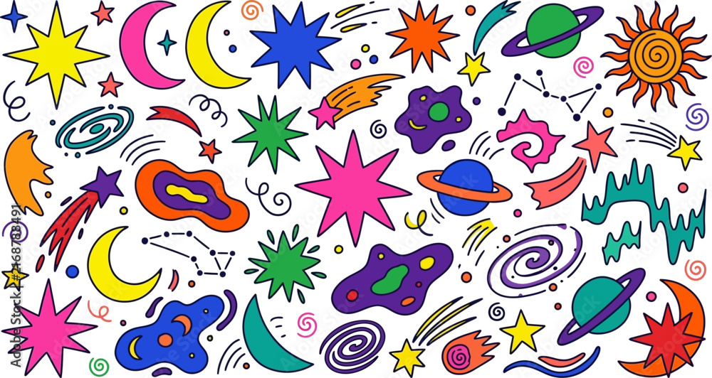 Fototapeta premium Vibrant space themed doodle sticker pack featuring planets stars moons galaxies and comets in colorful hand drawn illustration style for creative scrapbooking and educational design projects
