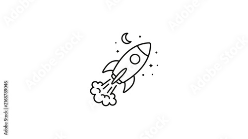 Hand-drawn rocket ship launch with stars and moon line art doodle.
