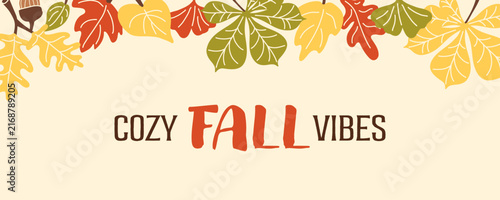 Cozy fall vibes foliage border banner flat vector background for sale