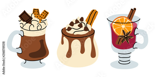 Cozy autumn hot drinks and sweet seasonal beverages doodle vector set for coffee shop