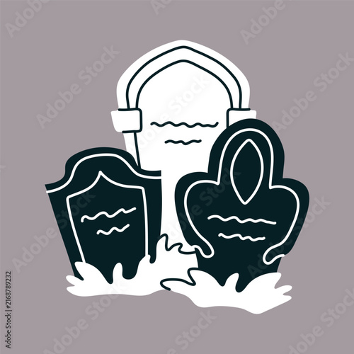 Spooky cemetery tombstones doodle vector illustration for Halloween sticker design