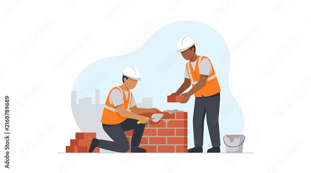 Fototapeta premium Bricklayers Working on a Construction Site Flat Vector Illustration