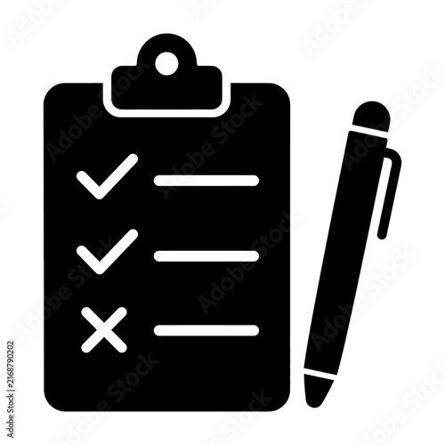 Clipboard with partially checked-off list and a pen resting beside it to represent task completion or approval.