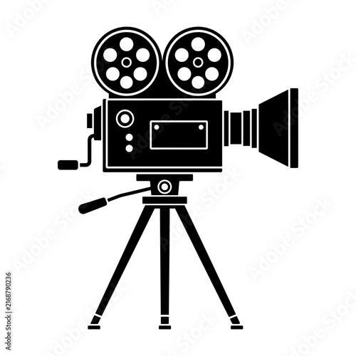 Vintage-style camera mounted on tripod with dual film reels and lens for filmmaking or photography projects.