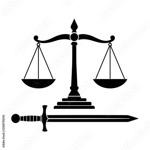 Balanced scales of justice resting atop a pedestal with crossed swords beneath to symbolize law and authority.