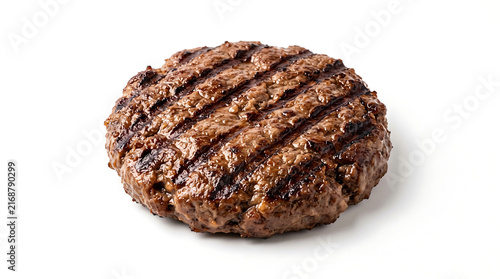 Grilled beef burger patty with char marks, juicy roasted meat cutlet isolated on white, savory hamburger protein for food menu