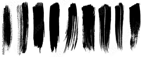 Grunge brushes. Paintbrush sketch strokes, black splash distress texture and paint daub. Rough ink stain and calligraphy element  set. 