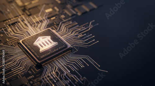 Glowing digital bank icon on a computer microchip processor, close-up 3D render of high-tech electronic circuit board.