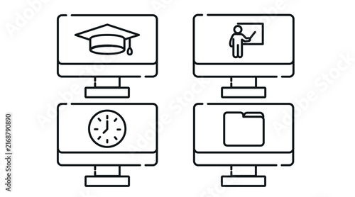 Online education and office productivity computer monitors vector icons set. Black line art style on white background. 