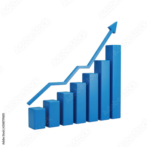Growing bar chart with upward trend line isolated on white background