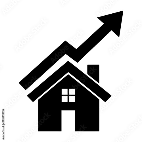 House with upward-pointing arrow symbolizing growth and property value increase in minimalist black and white.