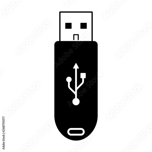 USB flash drive with universal symbol depicted in sleek black and white vector illustration.