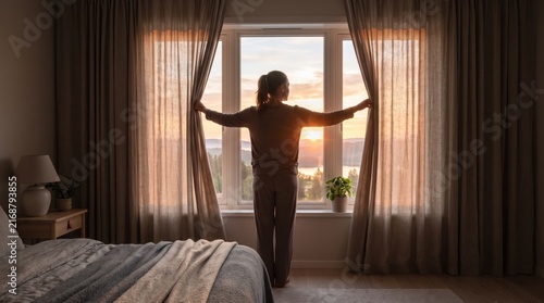 Woman silhouette opening curtains to welcome warm morning sunrise light into cozy bedroom, starting new day with positive energy, healthy lifestyle morning routine