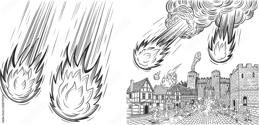 Fototapeta premium Hand drawn medieval castle under siege illustration vector. Meteors falling from sky. Fire and destruction. Old town buildings with smoke. Comic book art style sketch with ruins.
