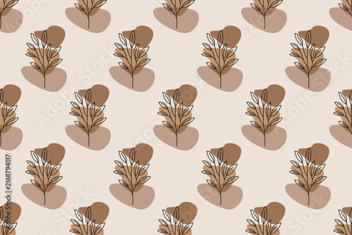 Abstract leaf line art seamless pattern background, boho botanical warm earth tone wallpaper