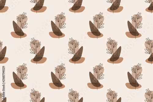 Abstract leaf line art seamless pattern background, boho botanical warm earth tone wallpaper